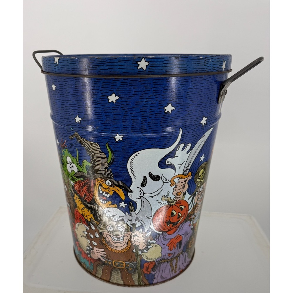 VTG Gary Johnson Halloween Litho Tin Trash Can Ghost Devil Witch‎ Pumpkin Pail